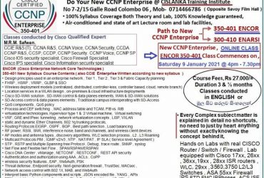 CISCO New Syllabus ONLINE CCNP ENTERPRISE, ENCOR 350-401 certification class on 9th January 2021