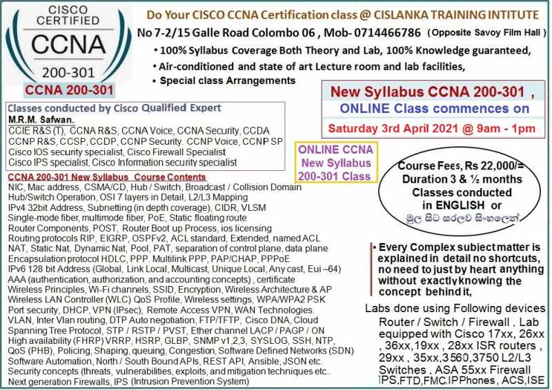 CISCO New Syllabus Online CCNA 200-301 certification class on 3rd April 2021