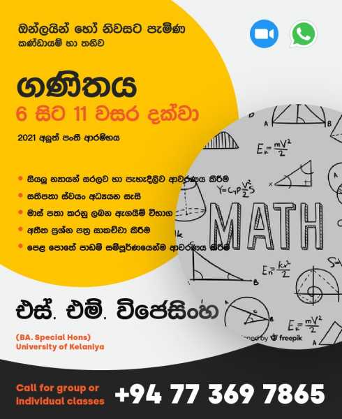 පාසල් ළමුන් සඳහා විද්‍යාව-ගණිතය පංති 6-11 ශ්‍රේණි !(online/Home visit) .